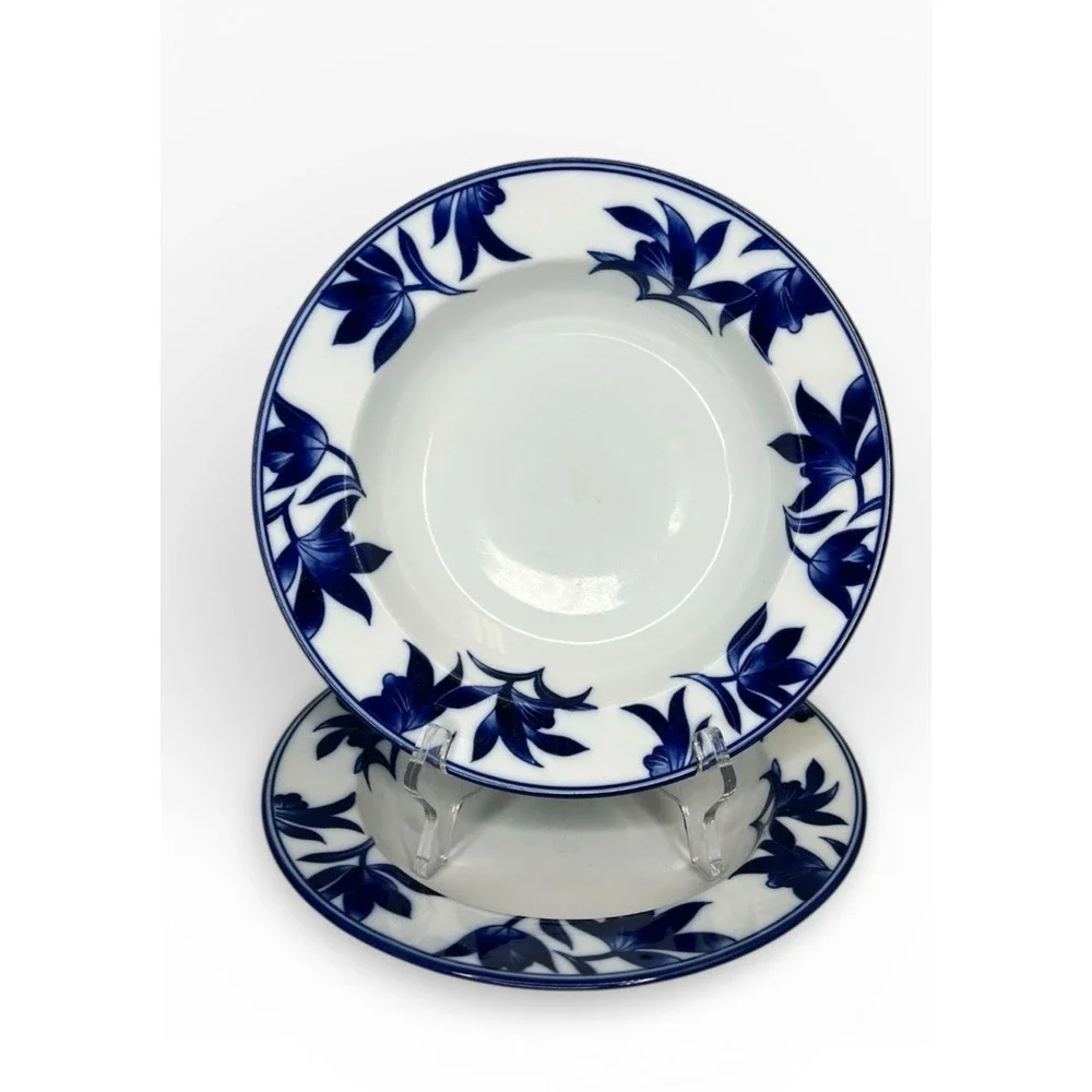 Pier 1 MING Rimmed Soup‎ Pasta Bowl Set of 2 Blue White Porcelain Asian Leaves